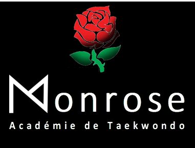 logo de l'académie de taekwondo monrose avec une rose sur fond noir