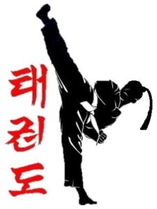 coup de pied de fille a cote d'une caligraphie de taekwondo